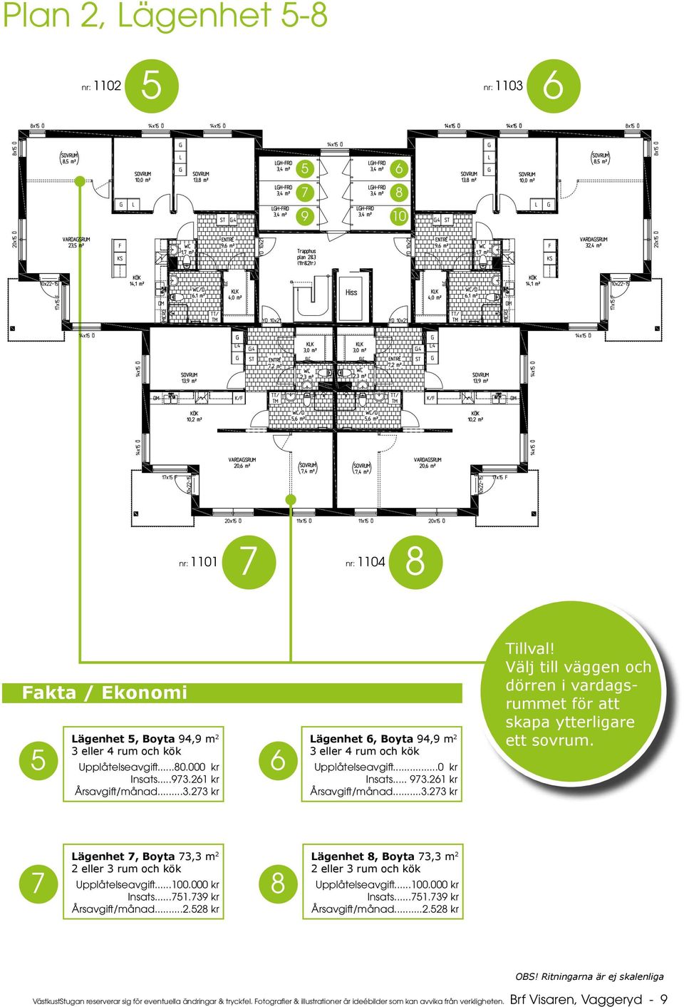 261 kr Årsavgift/månad...3.273 kr! Välj till väggen och dörren i vardagsrummet för att skapa ytterligare ett sovrum. 7 Lägenhet 7, Boyta 73,3 m 2 2 eller 3 rum och kök Upplåtelseavgift...100.