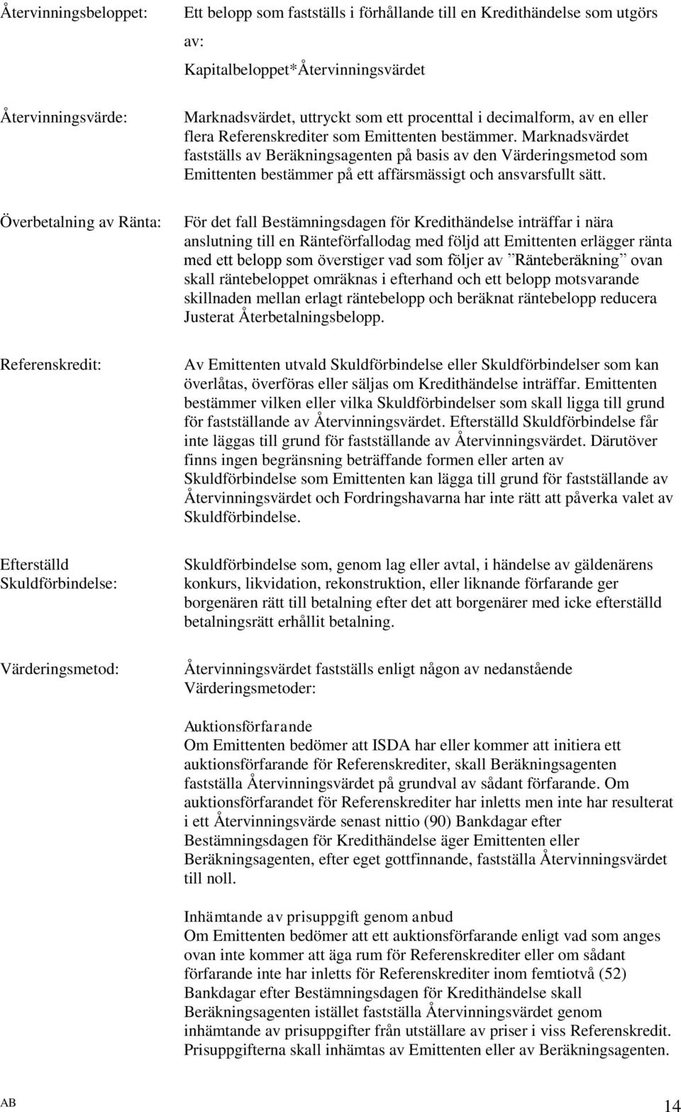 Marknadsvärdet fastställs av Beräkningsagenten på basis av den Värderingsmetod som Emittenten bestämmer på ett affärsmässigt och ansvarsfullt sätt.