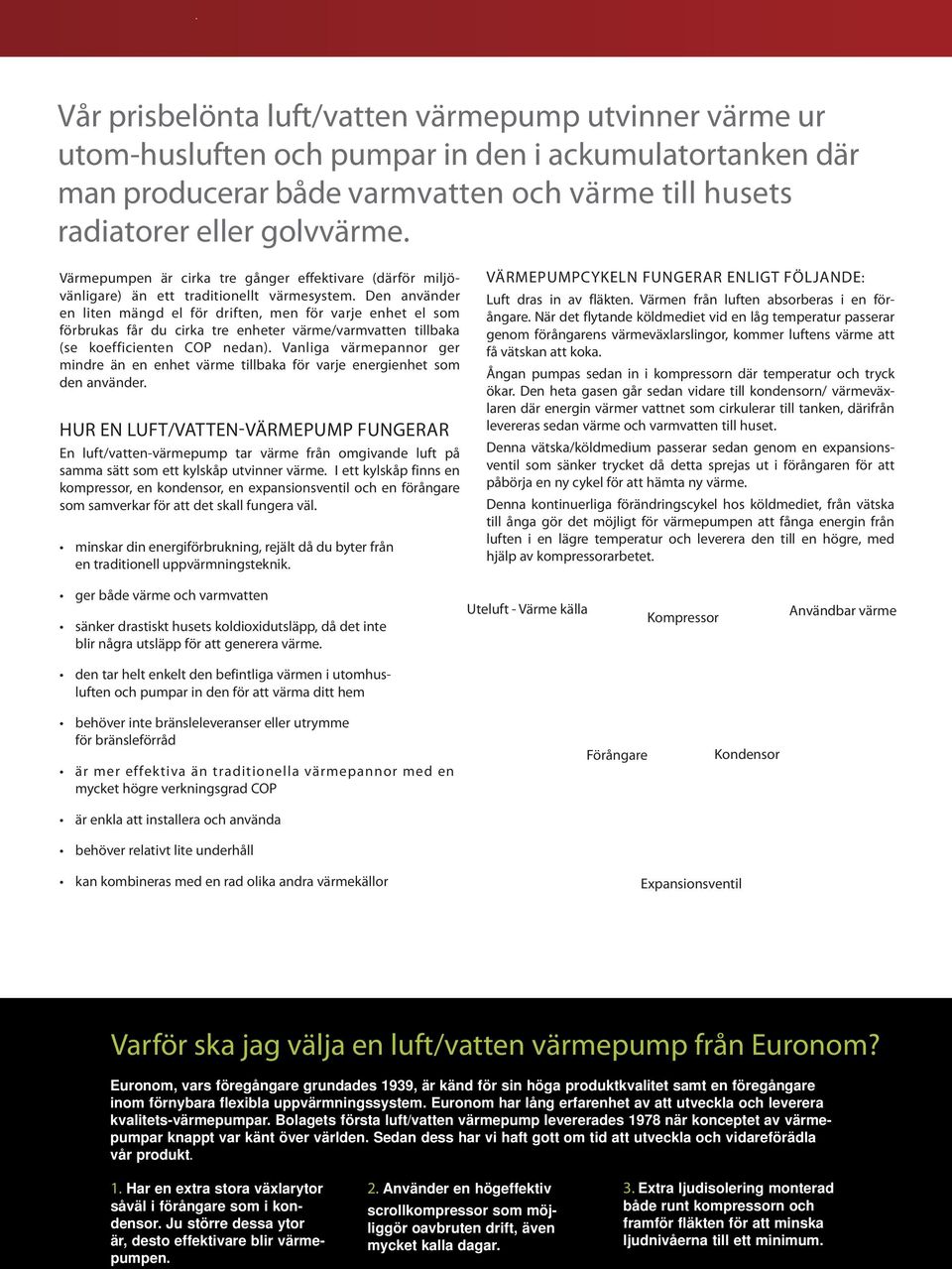 Den använder en liten mängd el för driften, men för varje enhet el som förbrukas får du cirka tre enheter värme/varmvatten tillbaka (se koefficienten OP nedan).