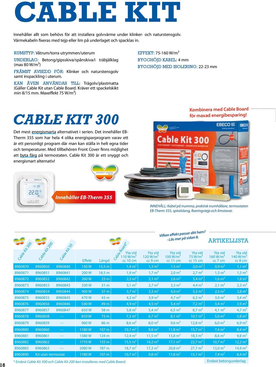 Kan även användas till: Trägolv/plastmatta (Gäller Cable Kit utan Cable Board. Kräver ett spackelskikt min 8/15 mm.