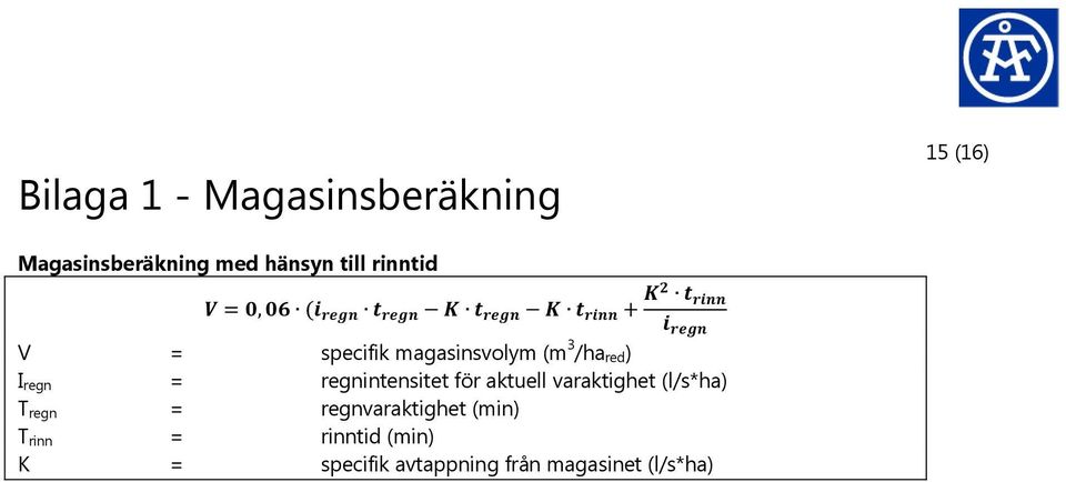 regnintensitet för aktuell varaktighet (l/s*ha) T regn =