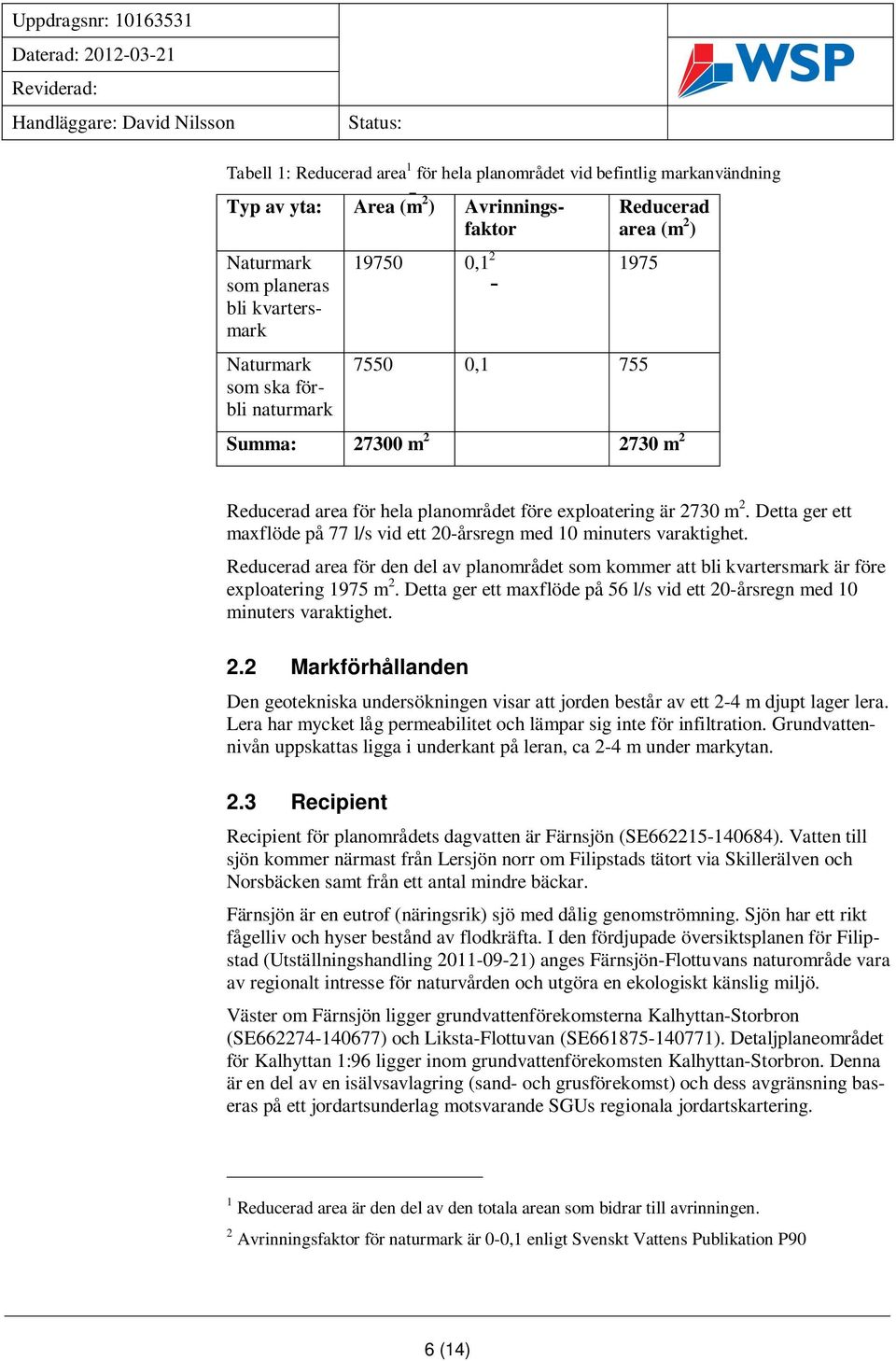 Detta ger ett maxflöde på 77 l/s vid ett 20-årsregn med 10 minuters varaktighet. Reducerad area för den del av planområdet som kommer att bli kvartersmark är före exploatering 1975 m 2.