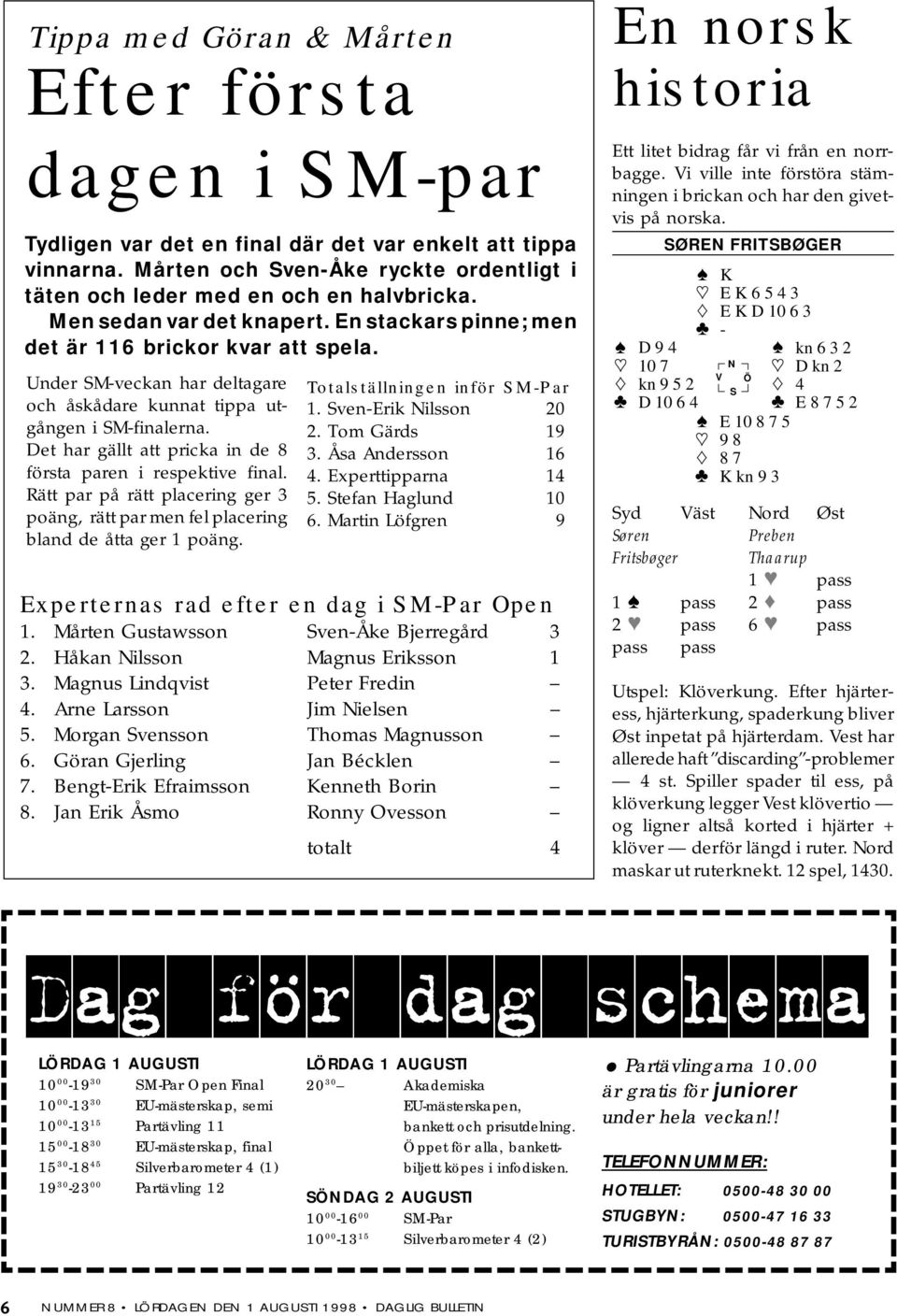 Det har gällt att pricka in de 8 första paren i respektive final. Rätt par på rätt placering ger 3 poäng, rätt par men fel placering bland de åtta ger 1 poäng. Totalställningen inför M-Par 1.