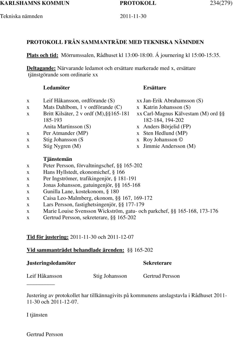 1 v ordförande (C) x Katrin Johansson (S) x Britt Kilsäter, 2 v ordf (M), 165-181 xx Carl-Magnus Kälvestam (M) ord 185-193 182-184, 194-202 Anita Martinsson (S) x Anders Börjelid (FP) x Per Atmander