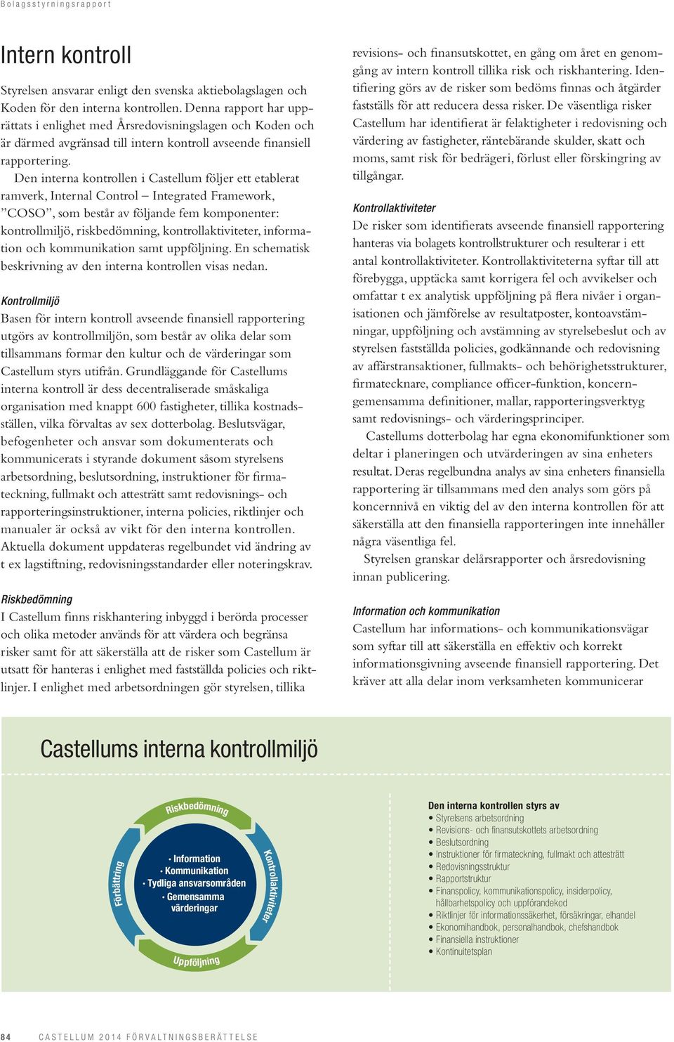 Den interna kontrollen i Castellum följer ett etablerat ramverk, Internal Control Integrated Framework, COSO, som består av följande fem komponenter: kontrollmiljö, riskbedömning,