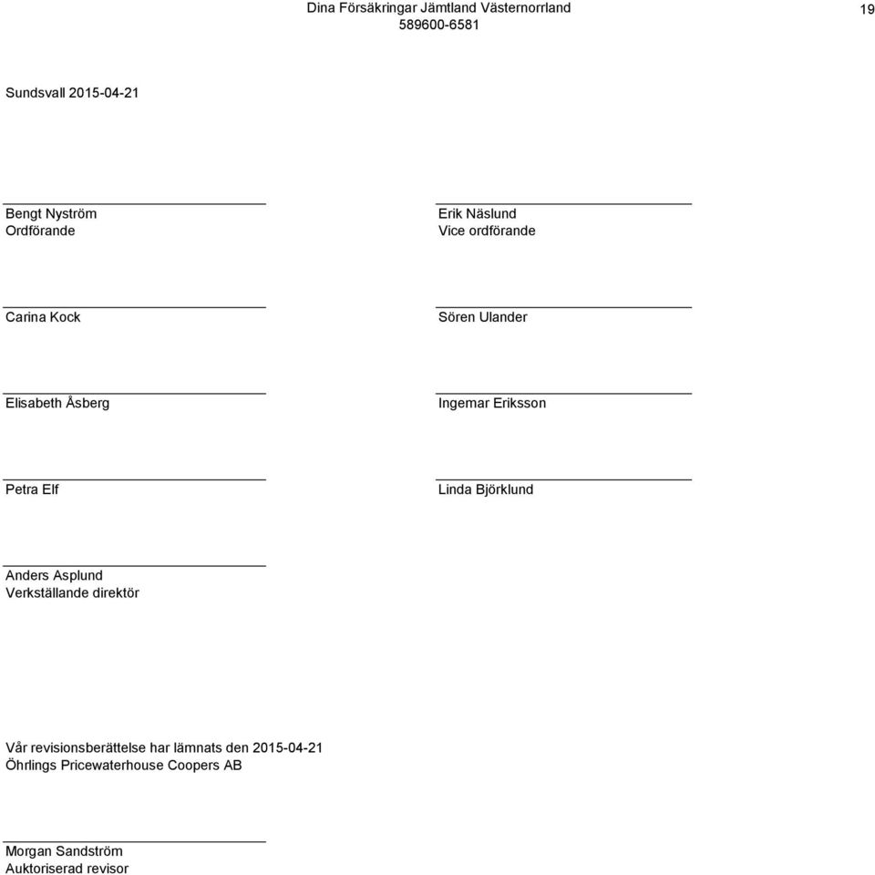 Björklund Anders Asplund Verkställande direktör Vår revisionsberättelse har