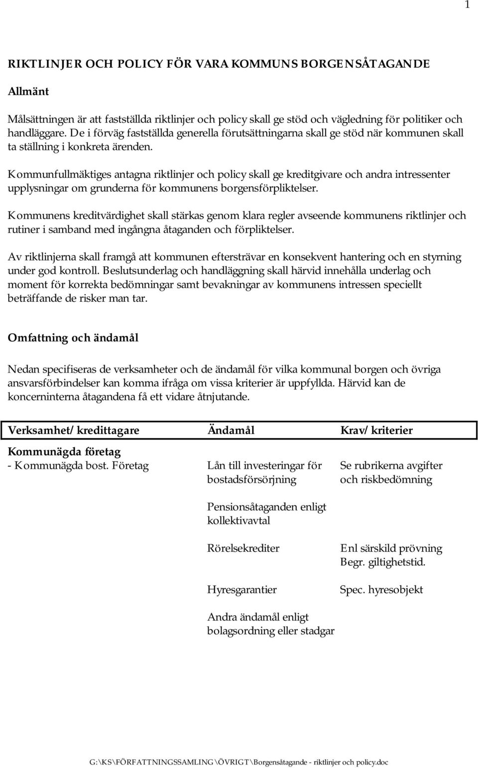 Kommunfullmäktiges antagna riktlinjer och policy skall ge kreditgivare och andra intressenter upplysningar om grunderna för kommunens borgensförpliktelser.