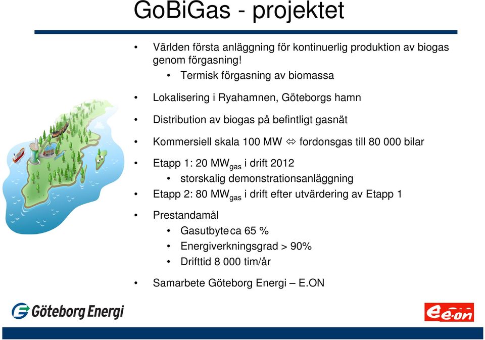 Kommersiell skala 100 MW fordonsgas till 80 000 bilar Etapp 1: 20 MW gas i drift 2012 storskalig demonstrationsanläggning