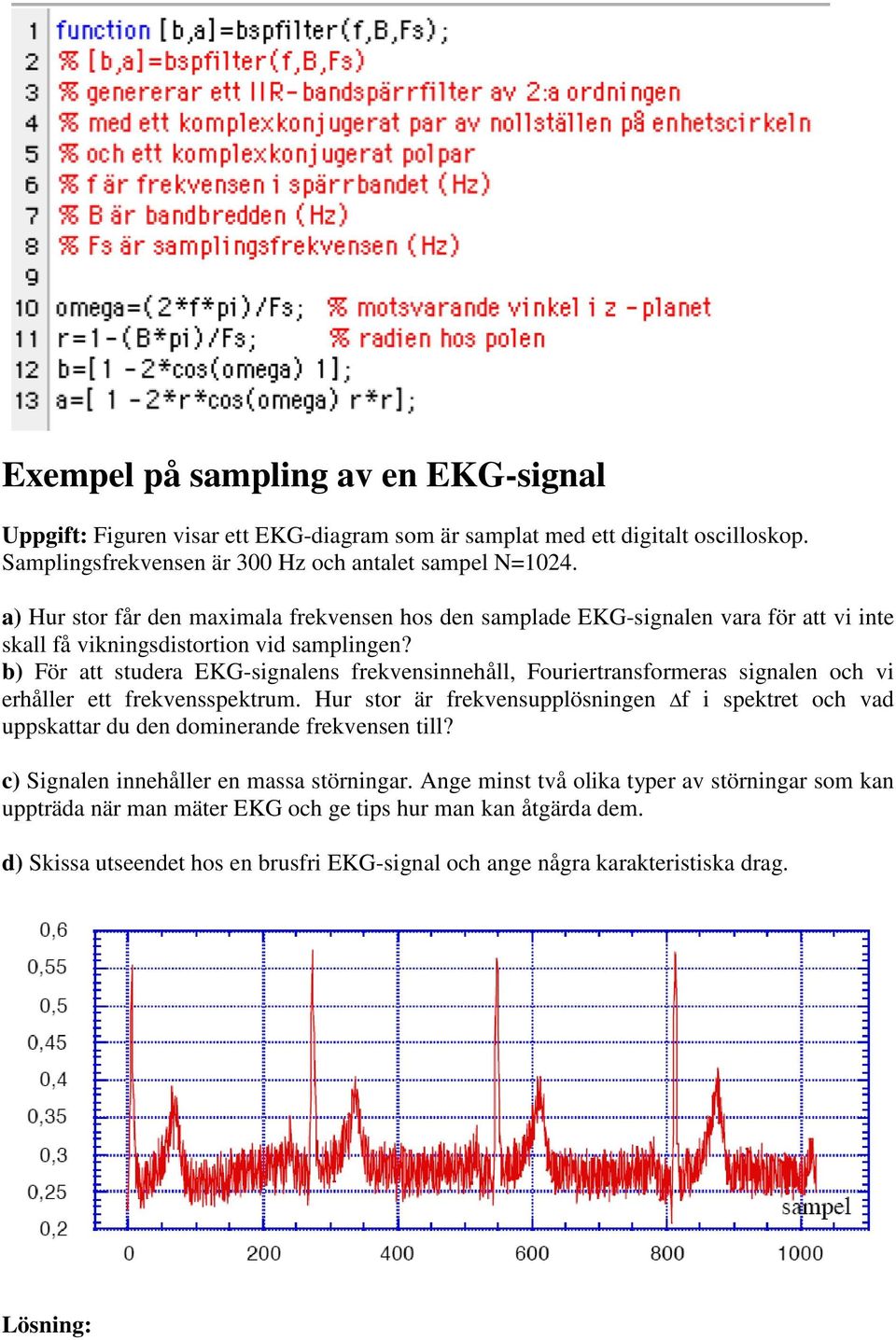 b) För att studera EKG-signalens frekvensinnehåll, Fouriertransformeras signalen och vi erhåller ett frekvensspektrum.