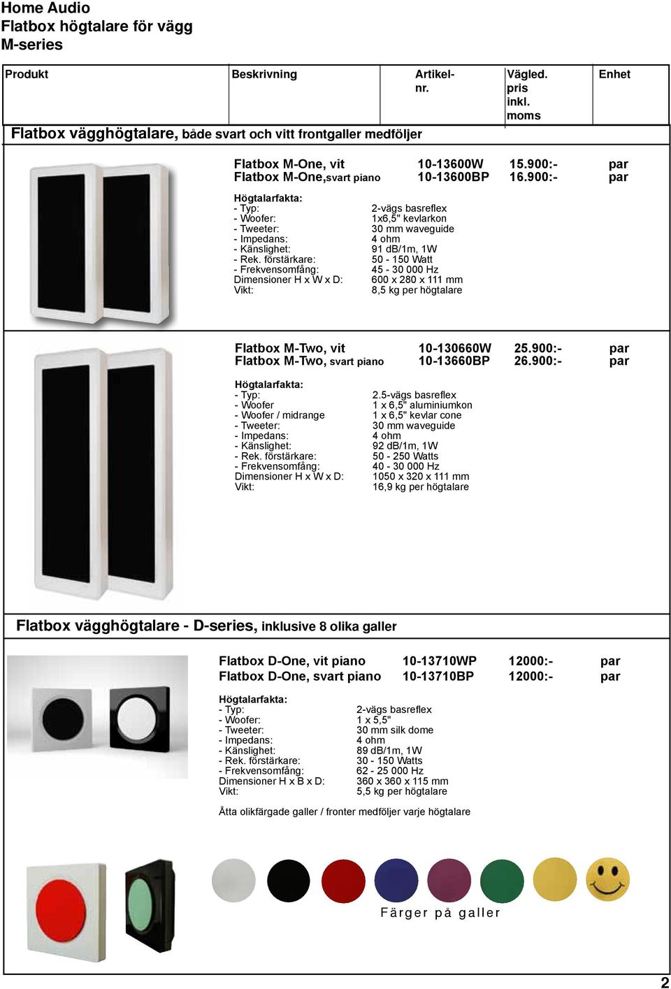 förstärkare: 50-150 Watt - Frekvensomfång: 45-30 000 Hz Dimensioner H x W x D: 600 x 280 x 111 mm 8,5 kg per högtalare Flatbox M-Two, vit 10-130660W 25.