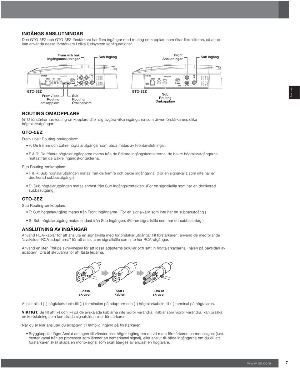 förstärkarnas routing omkopplare låter dig avgöra vilka ingångarna som driver förstärkarens olika högtalareutgångar: GTO-5EZ Fram / bak Routing-omkopplare: F: De främre och bakre högtalarutgångar som