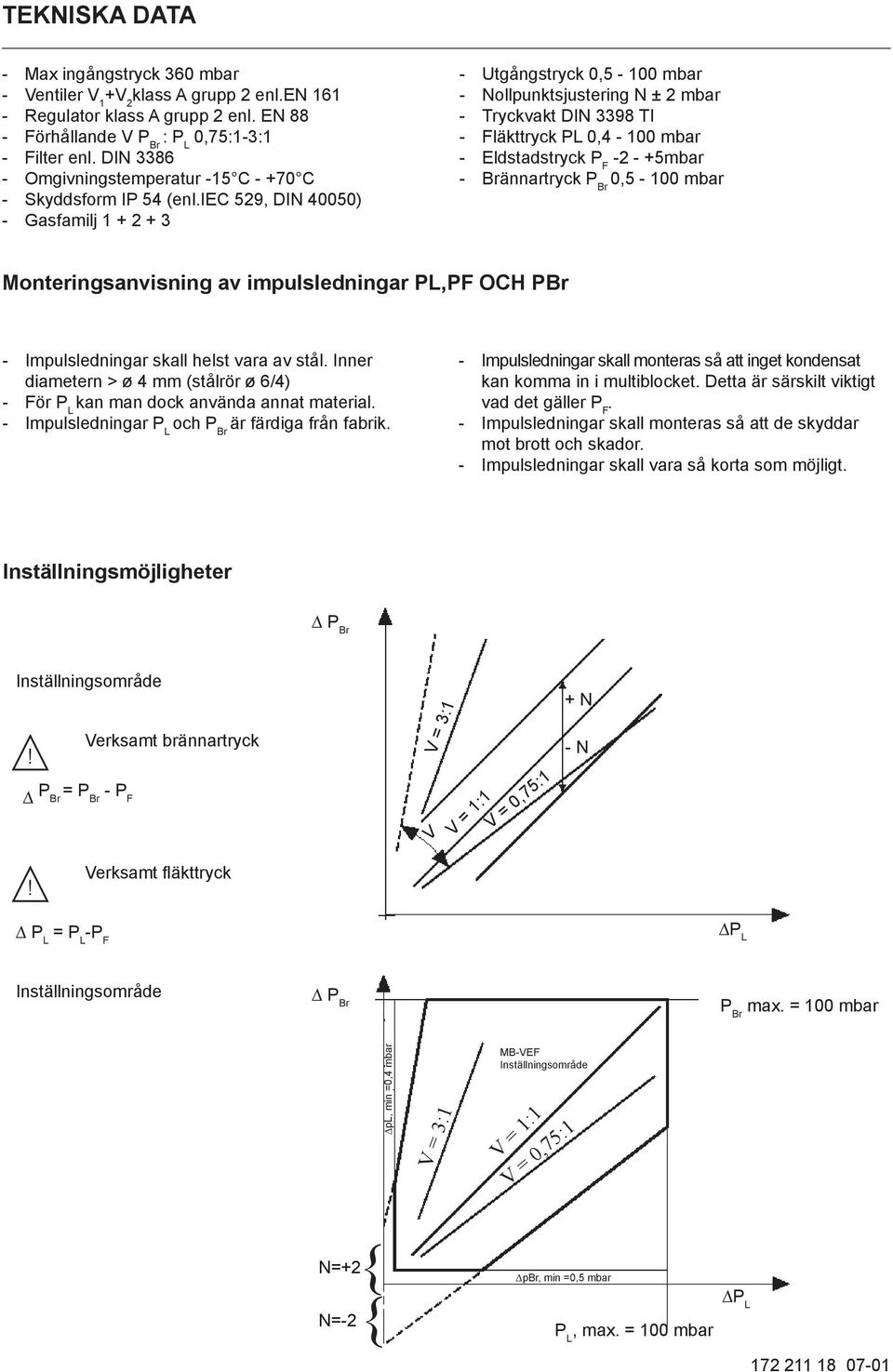 iec 529, DIN 40050) Gasfamilj 1 + 2 + 3 Utgångstryck 0,5-100 mbar Nollpunktsjustering N ± 2 mbar Tryckvakt DIN 3398 TI Fläkttryck PL 0,4-100 mbar Eldstadstryck P F -2 - +5mbar Brännartryck P Br