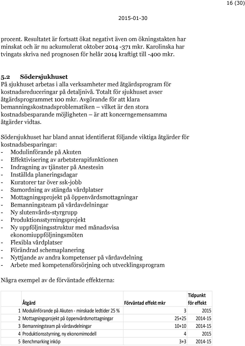 2 Södersjukhuset På sjukhuset arbetas i alla verksamheter med åtgärdsprogram för kostnadsreduceringar på detaljnivå. Totalt för sjukhuset avser åtgärdsprogrammet 100 mkr.