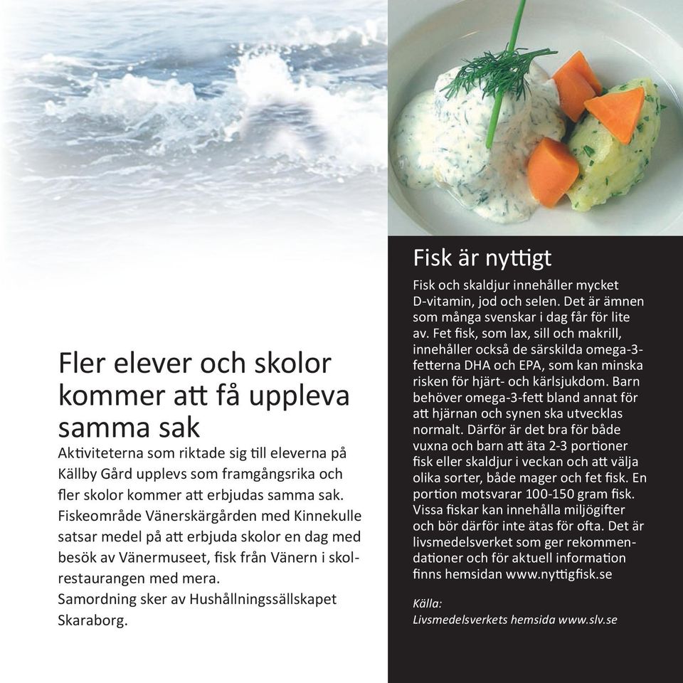 Samordning sker av Hushållningssällskapet Skaraborg. Fisk är nyttigt Fisk och skaldjur innehåller mycket D-vitamin, jod och selen. Det är ämnen som många svenskar i dag får för lite av.