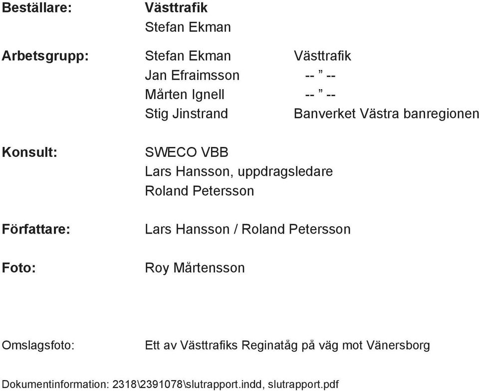 Hansson, uppdragsledare Roland Petersson Lars Hansson / Roland Petersson Roy Mårtensson Omslagsfoto: Ett