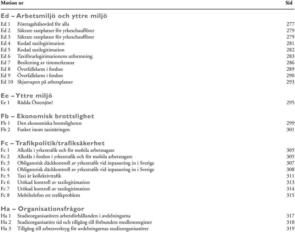 283 Ed 7 Besiktning av timmerkranar 286 Ed 8 Överfallslarm i fordon 289 Ed 9 Överfallslarm i fordon 290 Ed 10 Skjutvapen på arbetsplatser 293 Ee Yttre miljö Ee 1 Rädda Östersjön!