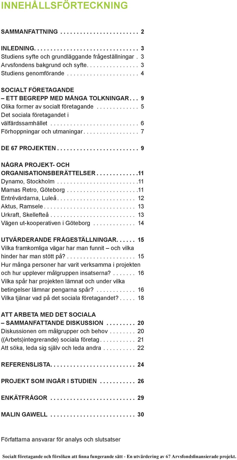 ... 7 DE 67 PROJEKTEN.... 9 NÅGRA PROJEKT- OCH ORGANISATIONSBERÄTTELSER.... 11 Dynamo, Stockholm... 11 Mamas Retro, Göteborg.... 11 Entrévärdarna, Luleå.... 12 Aktus, Ramsele.... 13 Urkraft, Skellefteå.