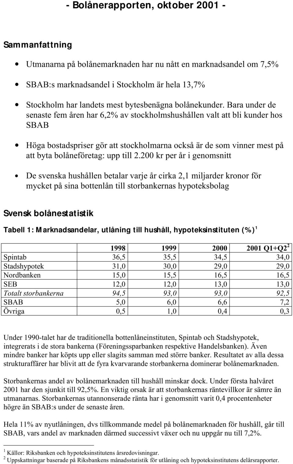 200 kr per år i genomsnitt De svenska hushållen betalar varje år cirka 2,1 miljarder kronor för mycket på sina bottenlån till storbankernas hypoteksbolag Svensk bolånestatistik Tabell 1: