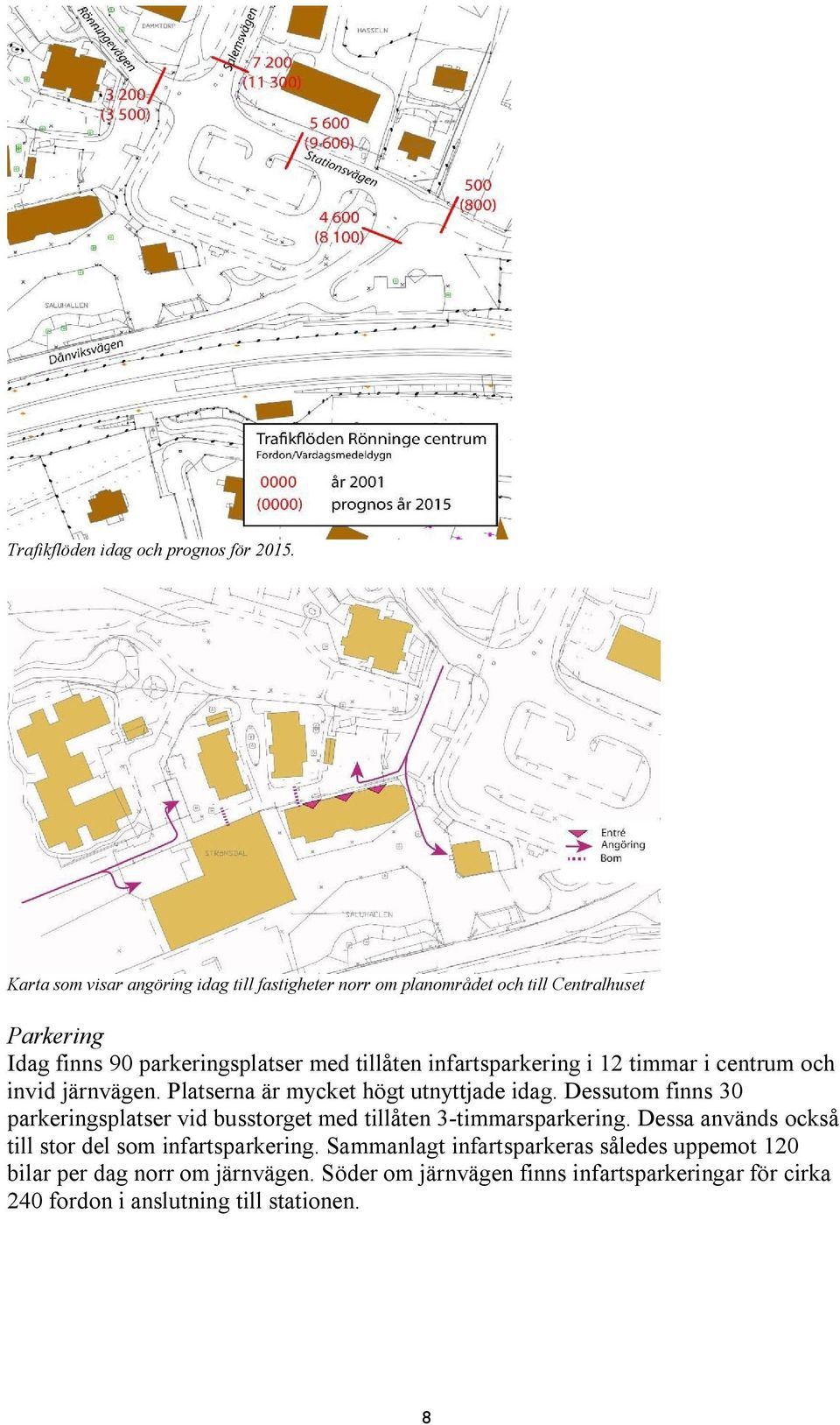 infartsparkering i 12 timmar i centrum och invid järnvägen. Platserna är mycket högt utnyttjade idag.