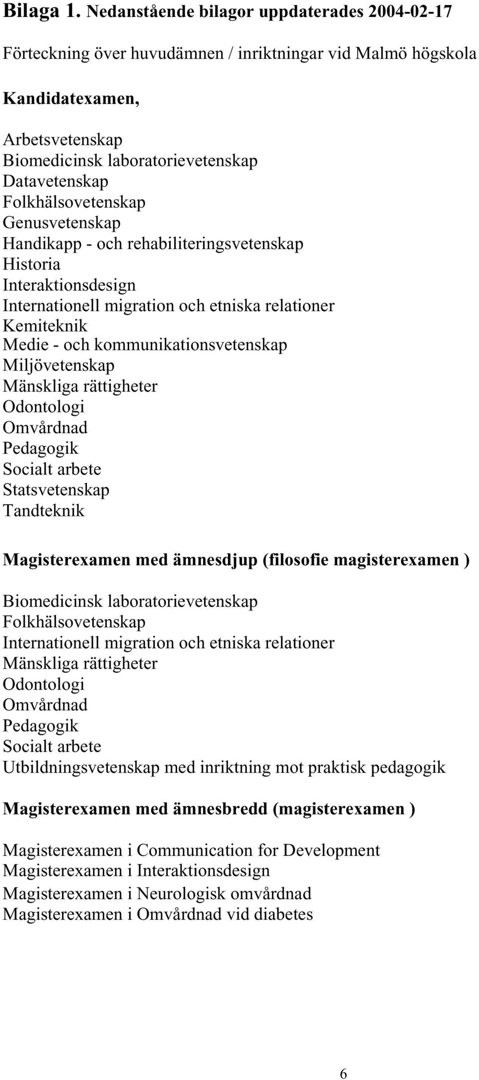 Folkhälsovetenskap Genusvetenskap Handikapp - och rehabiliteringsvetenskap Historia Interaktionsdesign Internationell migration och etniska relationer Kemiteknik Medie - och kommunikationsvetenskap