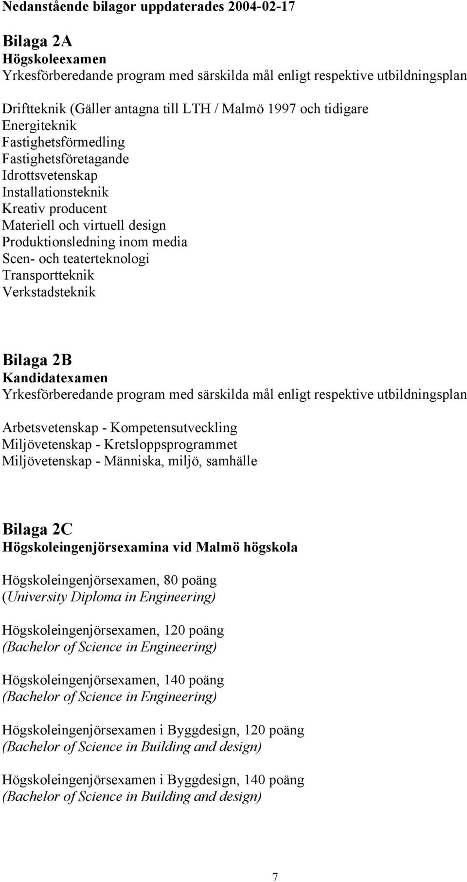 teaterteknologi Transportteknik Verkstadsteknik Bilaga 2B Kandidatexamen Yrkesförberedande program med särskilda mål enligt respektive utbildningsplan Arbetsvetenskap - Kompetensutveckling