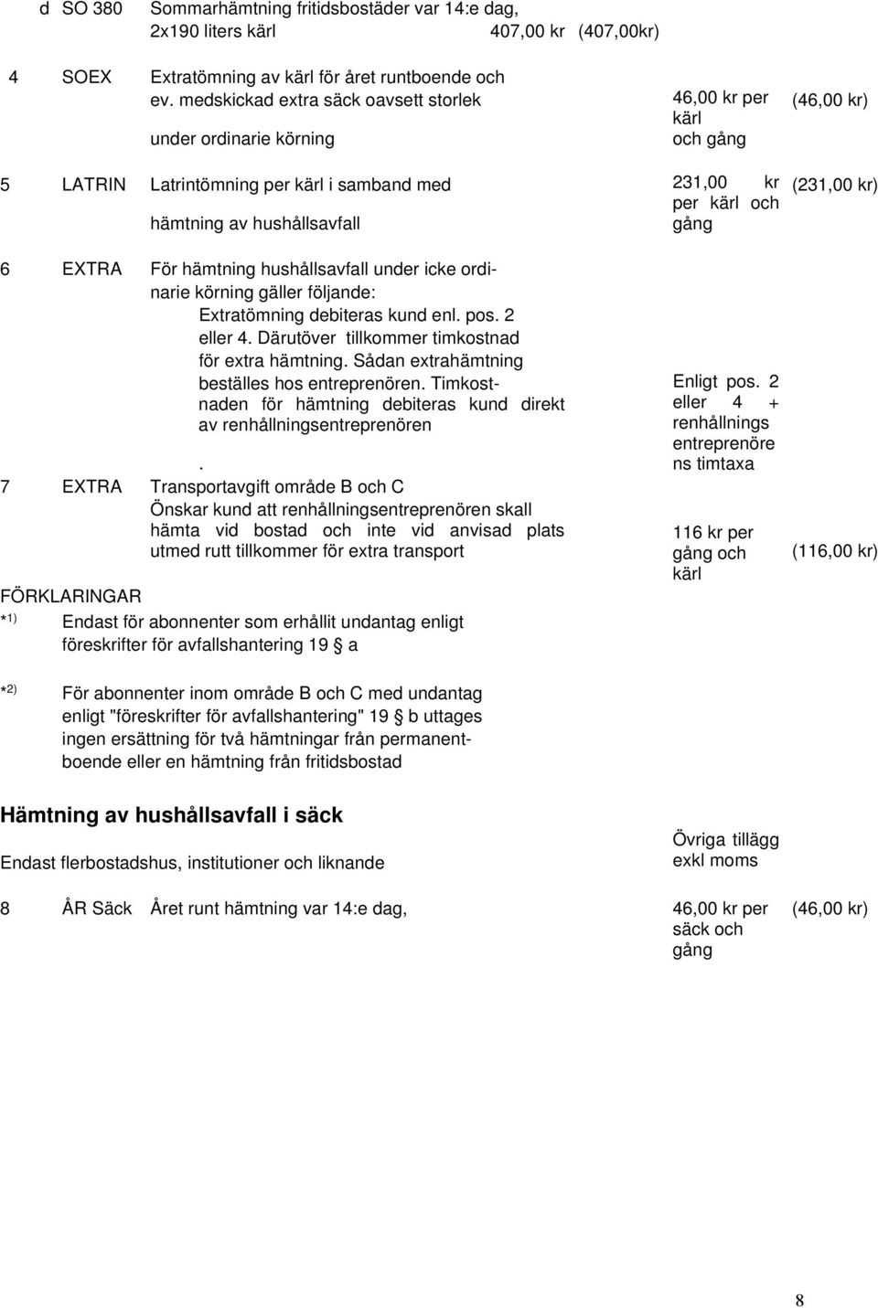 gång 6 EXTRA För hämtning hushållsavfall under icke ordinarie körning gäller följande: Extratömning debiteras kund enl. pos. 2 eller 4. Därutöver tillkommer timkostnad för extra hämtning.