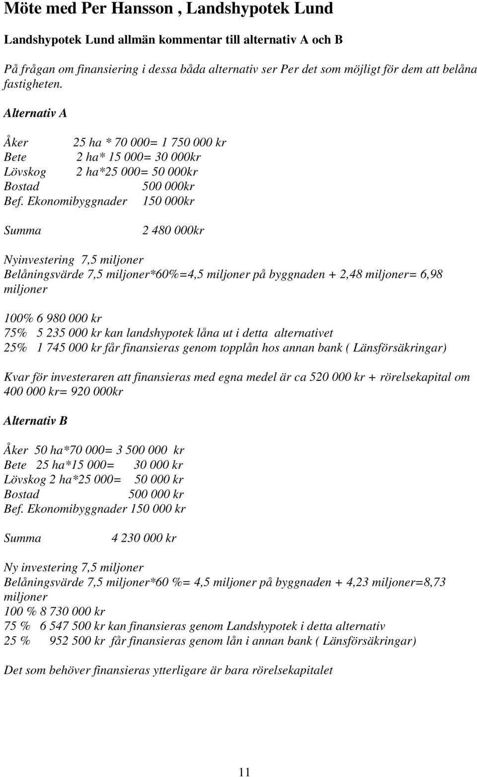 Ekonomibyggnader 150 000kr Summa 2 480 000kr Nyinvestering 7,5 miljoner Belåningsvärde 7,5 miljoner*60%=4,5 miljoner på byggnaden + 2,48 miljoner= 6,98 miljoner 100% 6 980 000 kr 75% 5 235 000 kr kan