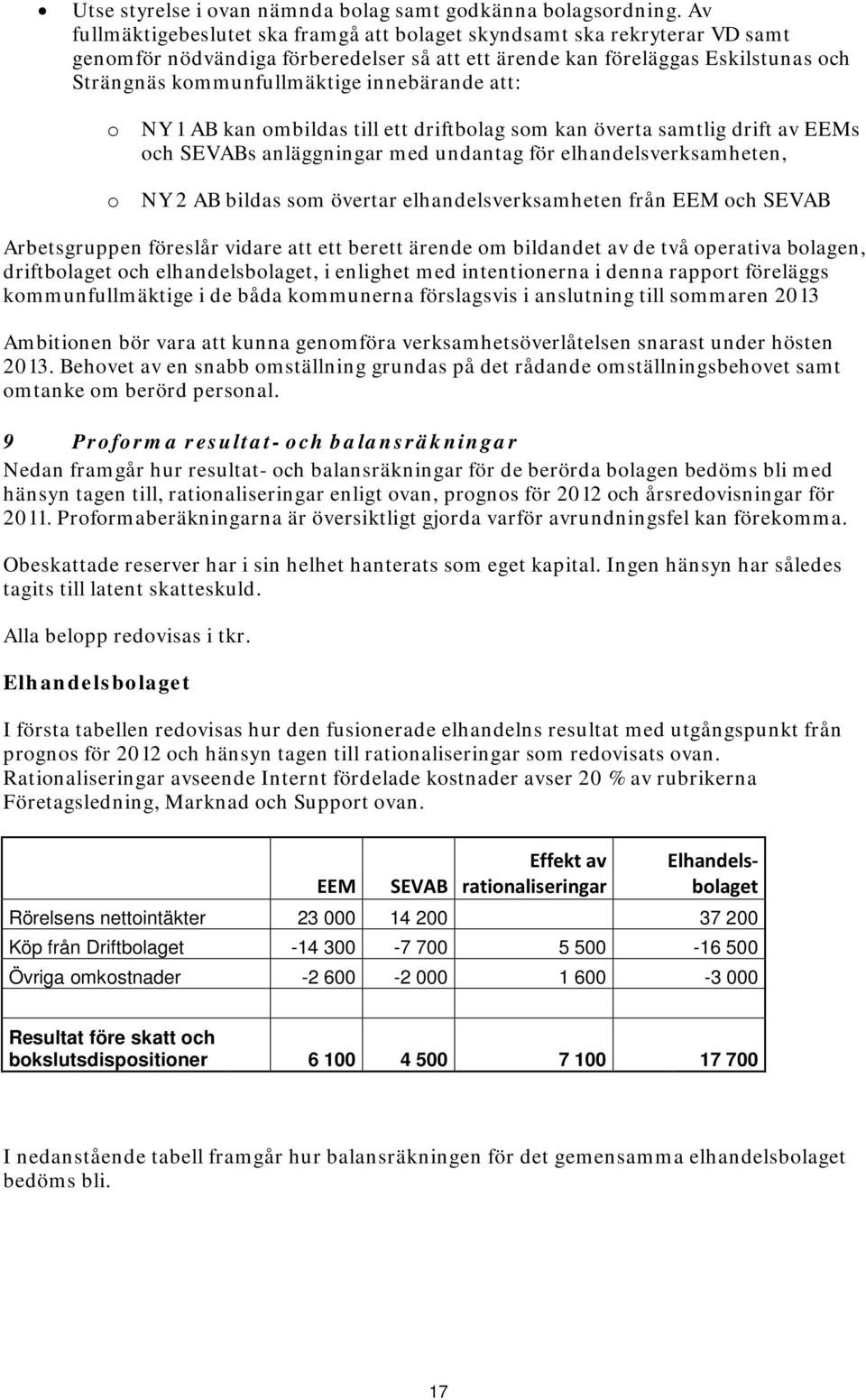 att: NY 1 AB kan mbildas till ett driftblag sm kan överta samtlig drift av EEMs ch SEVABs anläggningar med undantag för elhandelsverksamheten, NY 2 AB bildas sm övertar elhandelsverksamheten från EEM