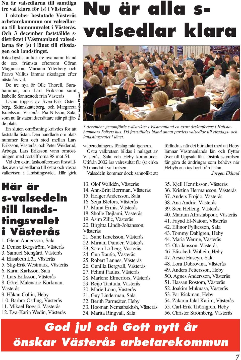 Riksdagslistan fick tre nya namn bland de sex främsta eftersom Göran Magnusson, Mariann Ytterberg och Paavo Vallius lämnar riksdagen efter nästa års val.