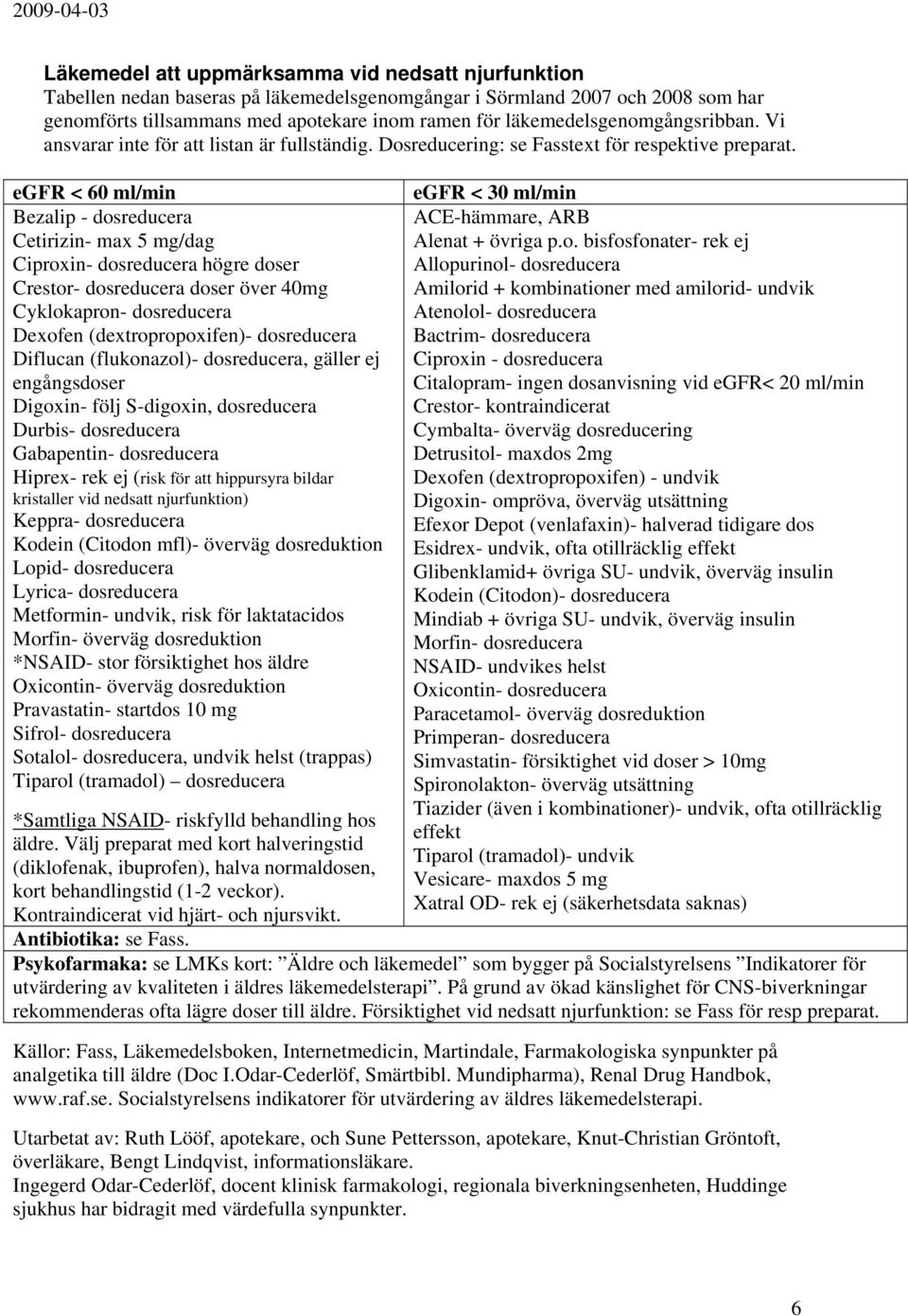 egfr < 60 ml/min Bezalip - dosreducera Cetirizin- max 5 mg/dag Ciproxin- dosreducera högre doser Crestor- dosreducera doser över 40mg Cyklokapron- dosreducera Dexofen (dextropropoxifen)- dosreducera