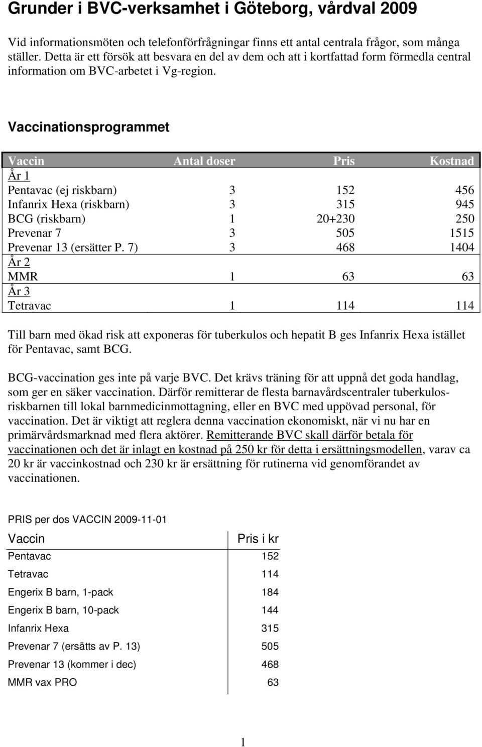 Vaccinationsprogrammet Vaccin Antal doser Pris Kostnad År 1 Pentavac (ej riskbarn) 3 152 456 Infanrix Hexa (riskbarn) 3 315 945 BCG (riskbarn) 1 20+230 250 Prevenar 7 3 505 1515 Prevenar 13 (ersätter