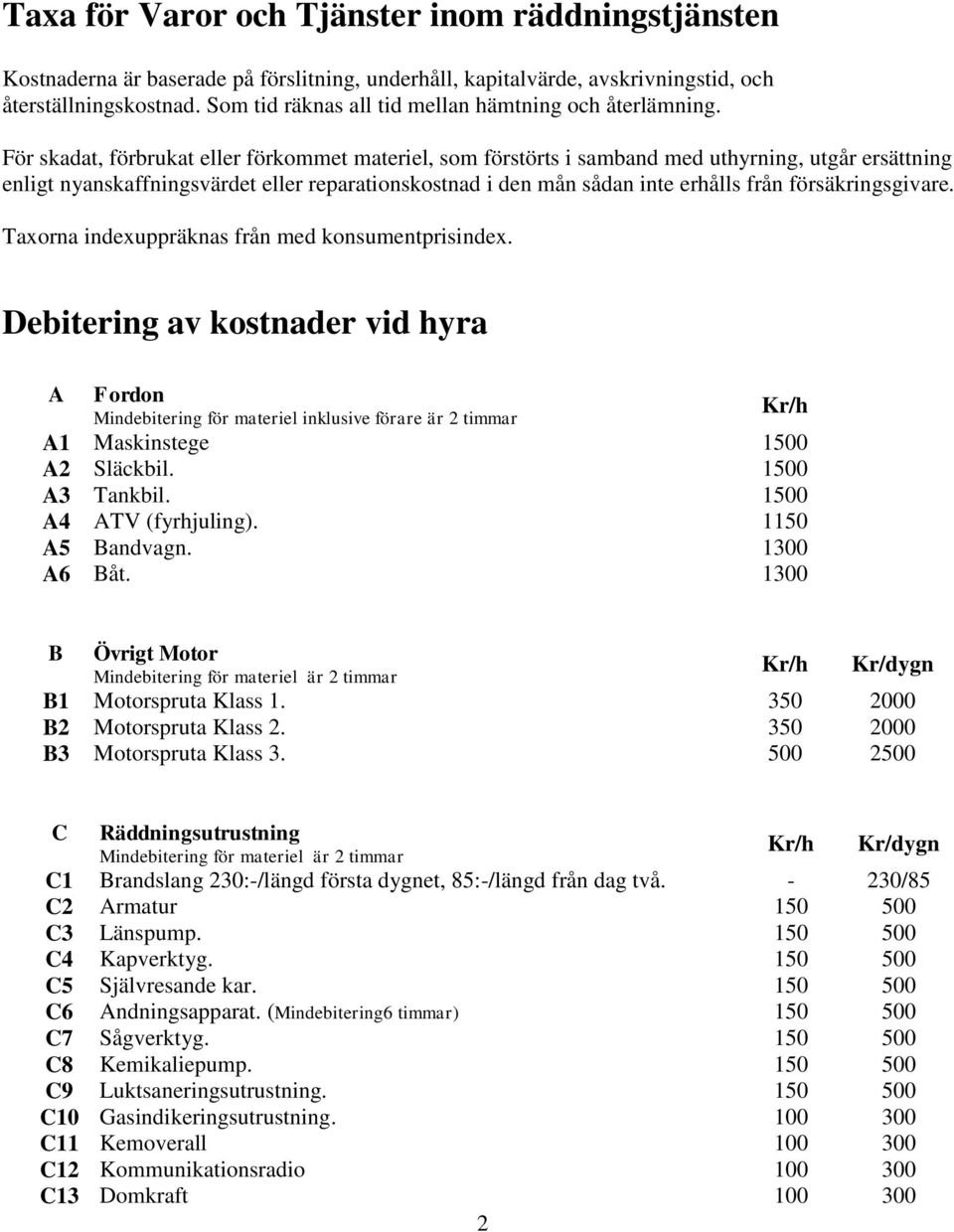 För skadat, förbrukat eller förkommet materiel, som förstörts i samband med uthyrning, utgår ersättning enligt nyanskaffningsvärdet eller reparationskostnad i den mån sådan inte erhålls från