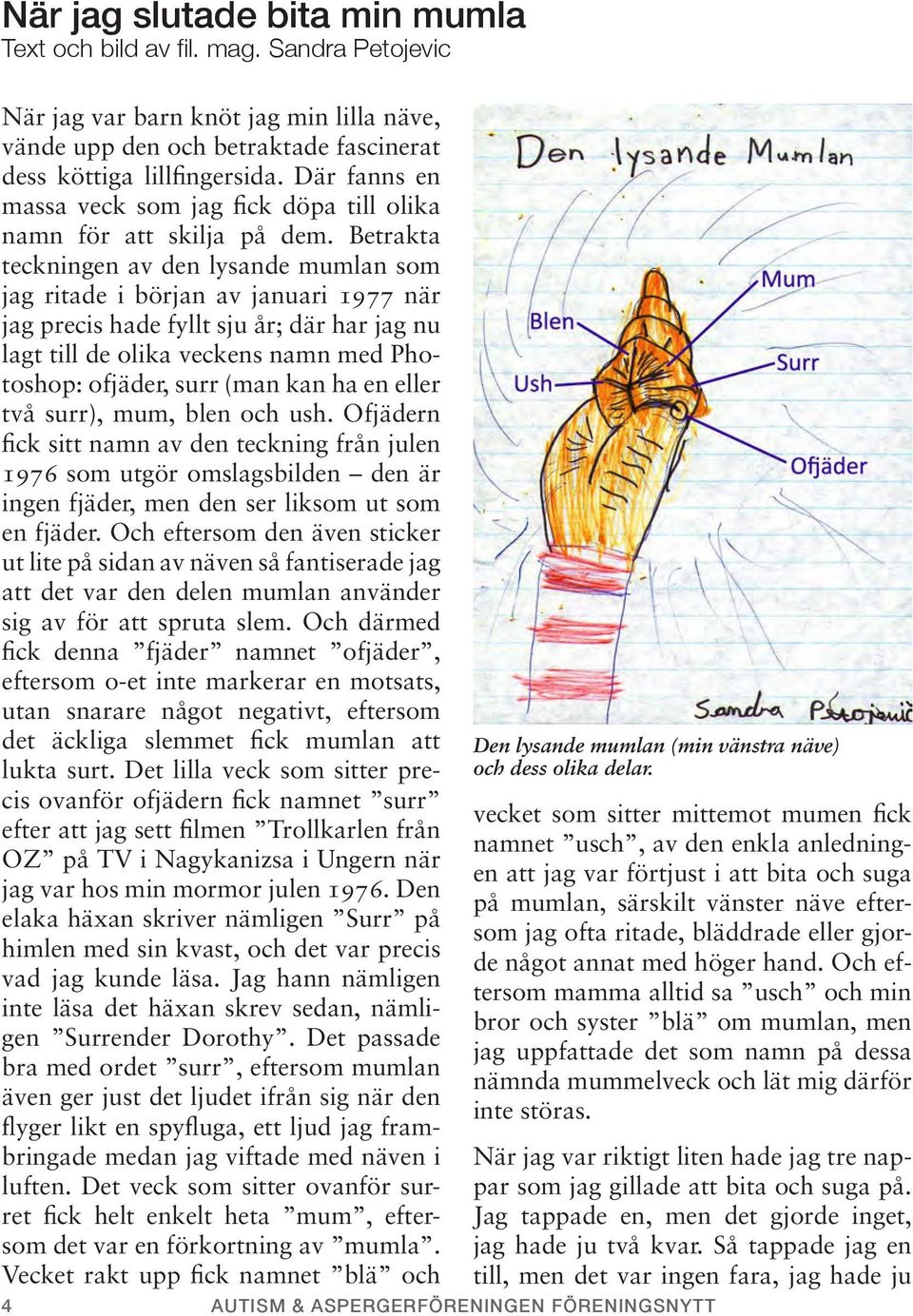 Betrakta teckningen av den lysande mumlan som jag ritade i början av januari 1977 när jag precis hade fyllt sju år; där har jag nu lagt till de olika veckens namn med Photoshop: ofjäder, surr (man