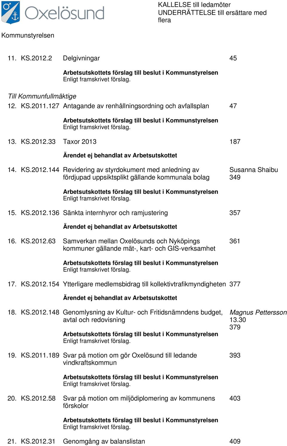 33 Taxor 2013 187 Ärendet ej behandlat av Arbetsutskottet 14. KS.2012.