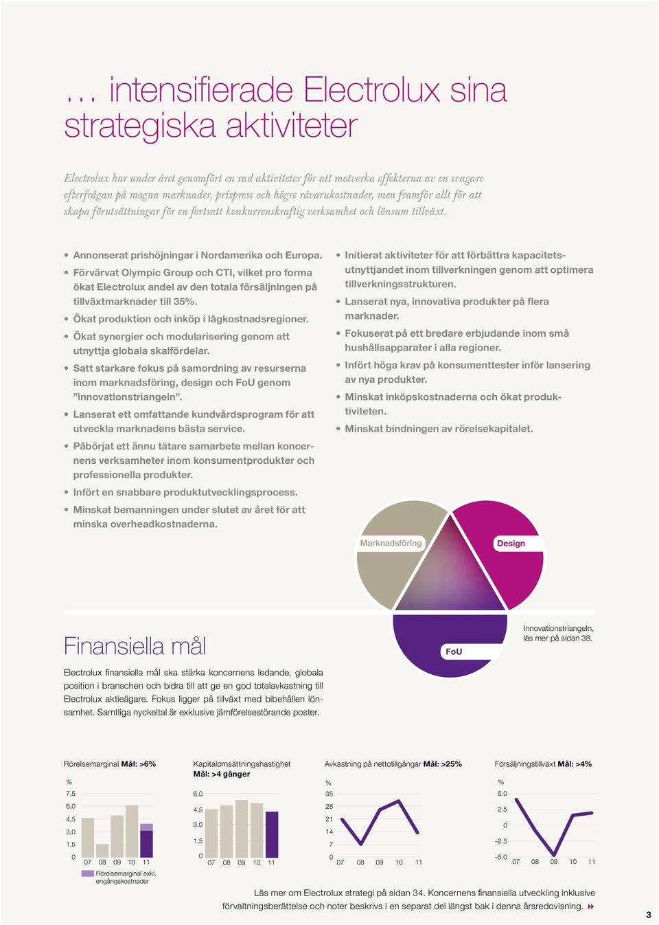 Förvärvat Olympic Group och CTI, vilket pro forma ökat Electrolux andel av den totala försäljningen på tillväxtmarknader till 35%. Ökat produktion och inköp i lågkostnads regioner.