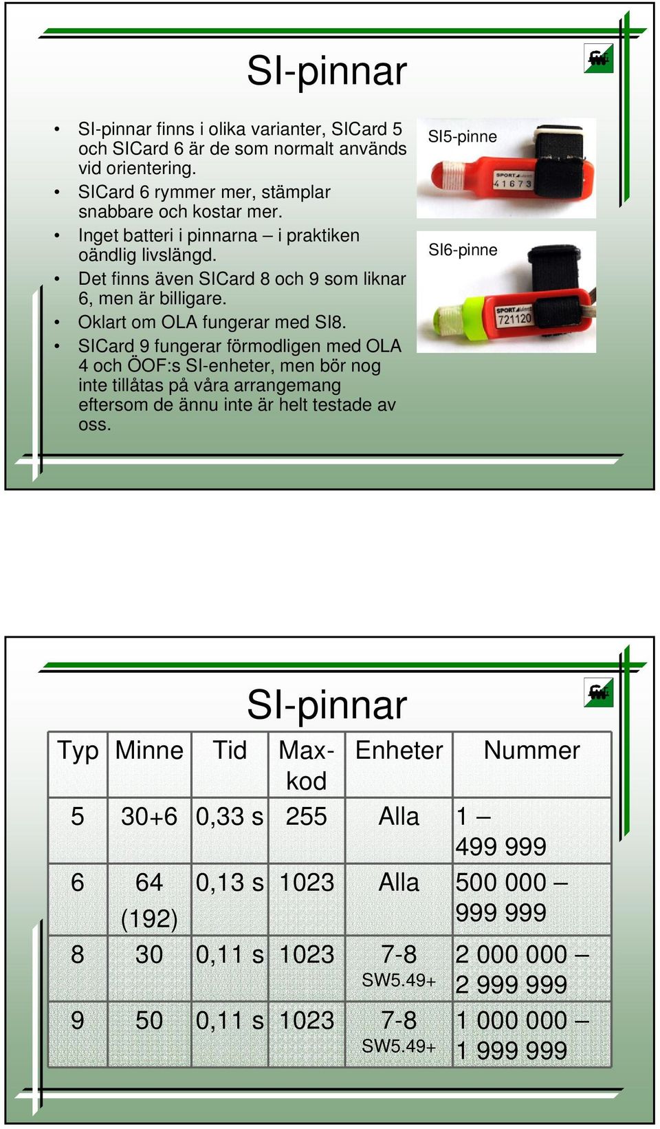 SICard 9 fungerar förmodligen med OLA 4 och ÖOF:s SI-enheter, men bör nog inte tillåtas på våra arrangemang eftersom de ännu inte är helt testade av oss.