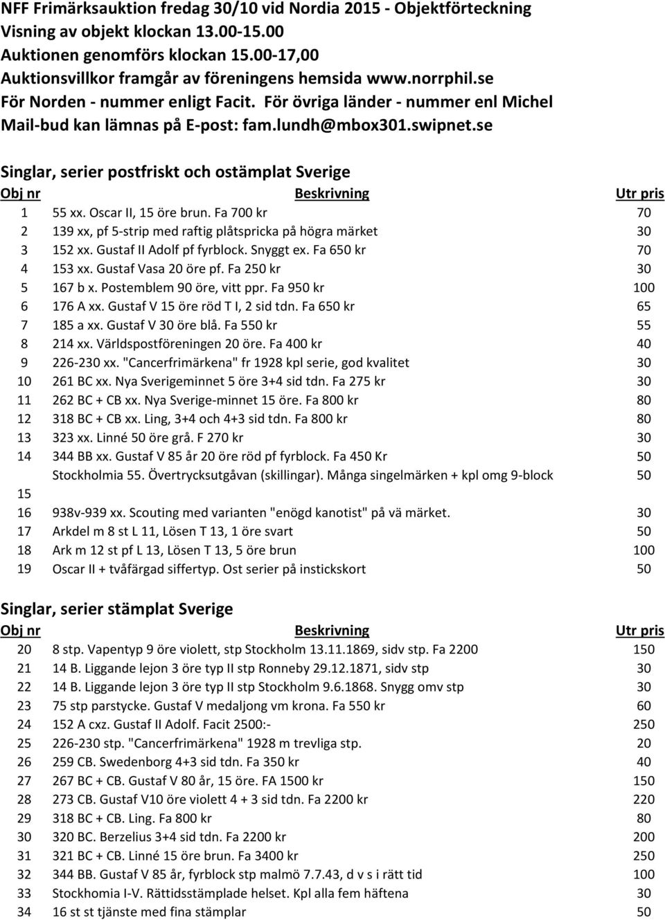 se Singlar, serier postfriskt och ostämplat Sverige 1 55 xx. Oscar II, 15 öre brun. Fa 700 kr 70 2 139 xx, pf 5-strip med raftig plåtspricka på högra märket 30 3 152 xx. Gustaf II Adolf pf fyrblock.