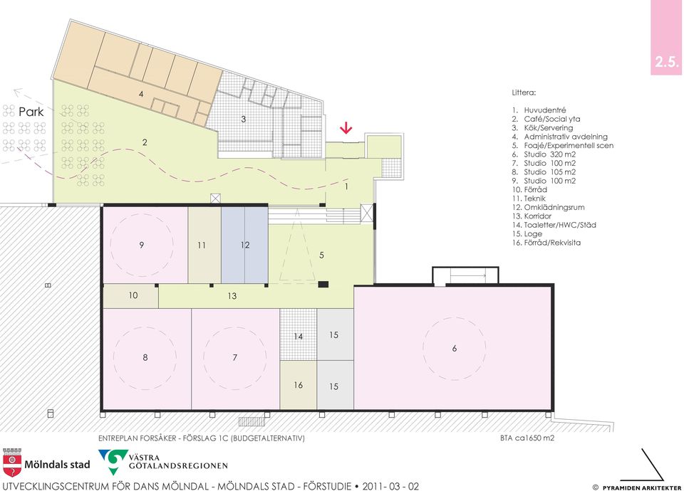 Studio 100 m2 10. Förråd 11. Teknik 12. Omklädningsrum 13. Korridor 14.