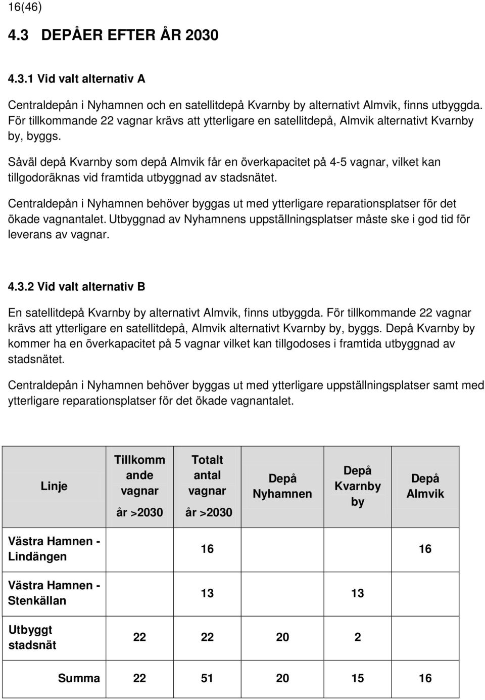 Såväl depå Kvarnby som depå Almvik får en överkapacitet på 4-5 vagnar, vilket kan tillgodoräknas vid framtida utbyggnad av stadsnätet.