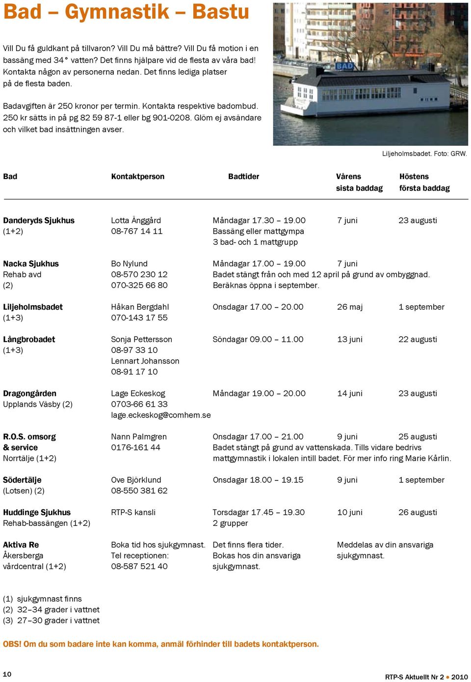 Glöm ej avsändare och vilket bad insättningen avser. Liljeholmsbadet. Foto: GRW. Bad Kontaktperson Badtider Vårens Höstens sista baddag första baddag Danderyds Sjukhus Lotta Änggård Måndagar 17.30 19.