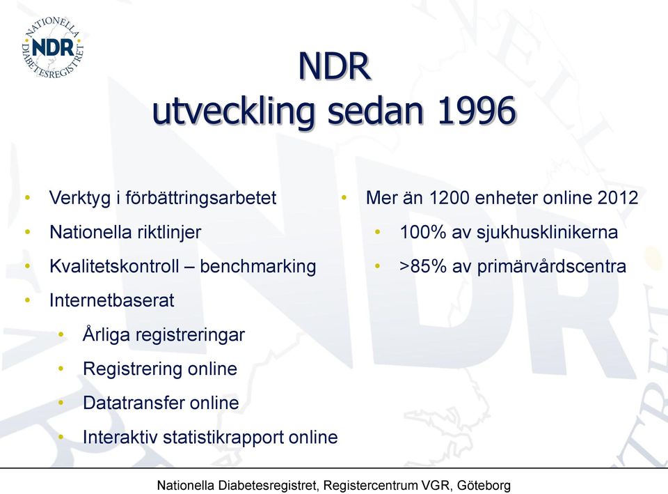 >85% av primärvårdscentra Internetbaserat Årliga registreringar Registrering online