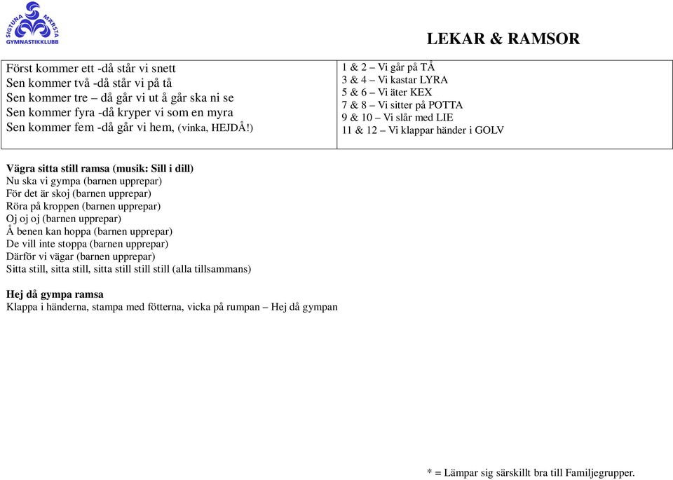 ) 1 & 2 Vi går på TÅ 3 & 4 Vi kastar LYRA 5 & 6 Vi äter KEX 7 & 8 Vi sitter på POTTA 9 & 10 Vi slår med LIE 11 & 12 Vi klappar händer i GOLV Vägra sitta still ramsa (musik: Sill i dill) Nu ska