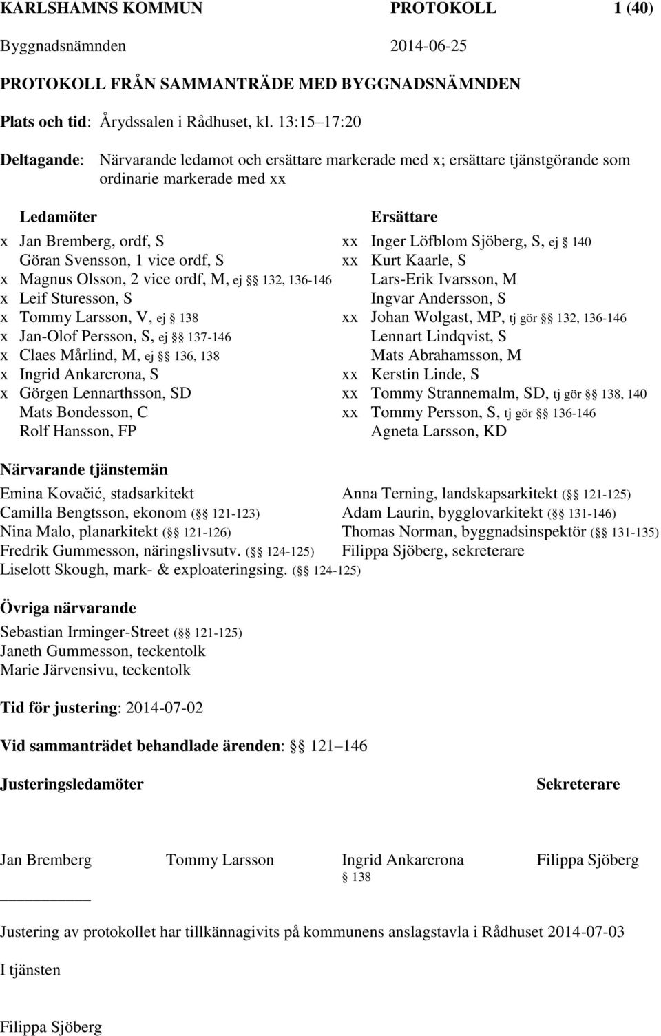 S, ej 140 Göran Svensson, 1 vice ordf, S xx Kurt Kaarle, S x Magnus Olsson, 2 vice ordf, M, ej 132, 136-146 Lars-Erik Ivarsson, M x Leif Sturesson, S Ingvar Andersson, S x Tommy Larsson, V, ej 138 xx