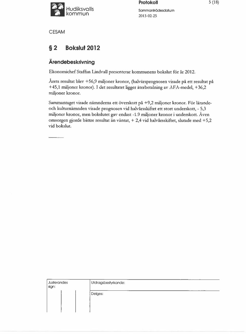 1 det resultatet ligger aterbetalning av AFA-medel, +36,2 miljoner kronor. Sammantaget visade nämnderna ett överskott på +9,2 miljoner kronor.