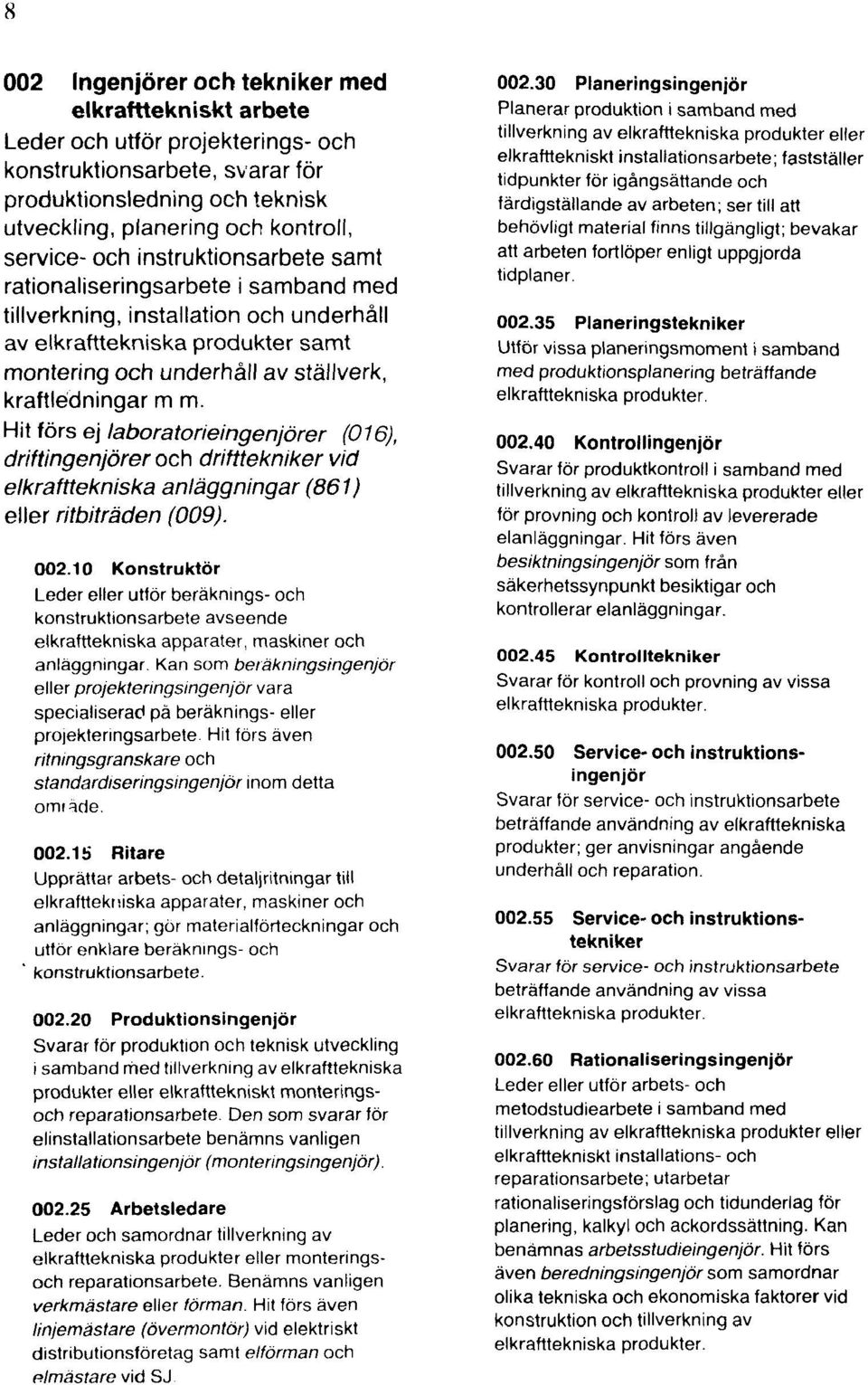 Hit förs ej laboratorieingenjörer (016), driftingenjörer och drifttekniker vid elkrafttekniska anläggningar (861) eller ritbiträden (009). 002.