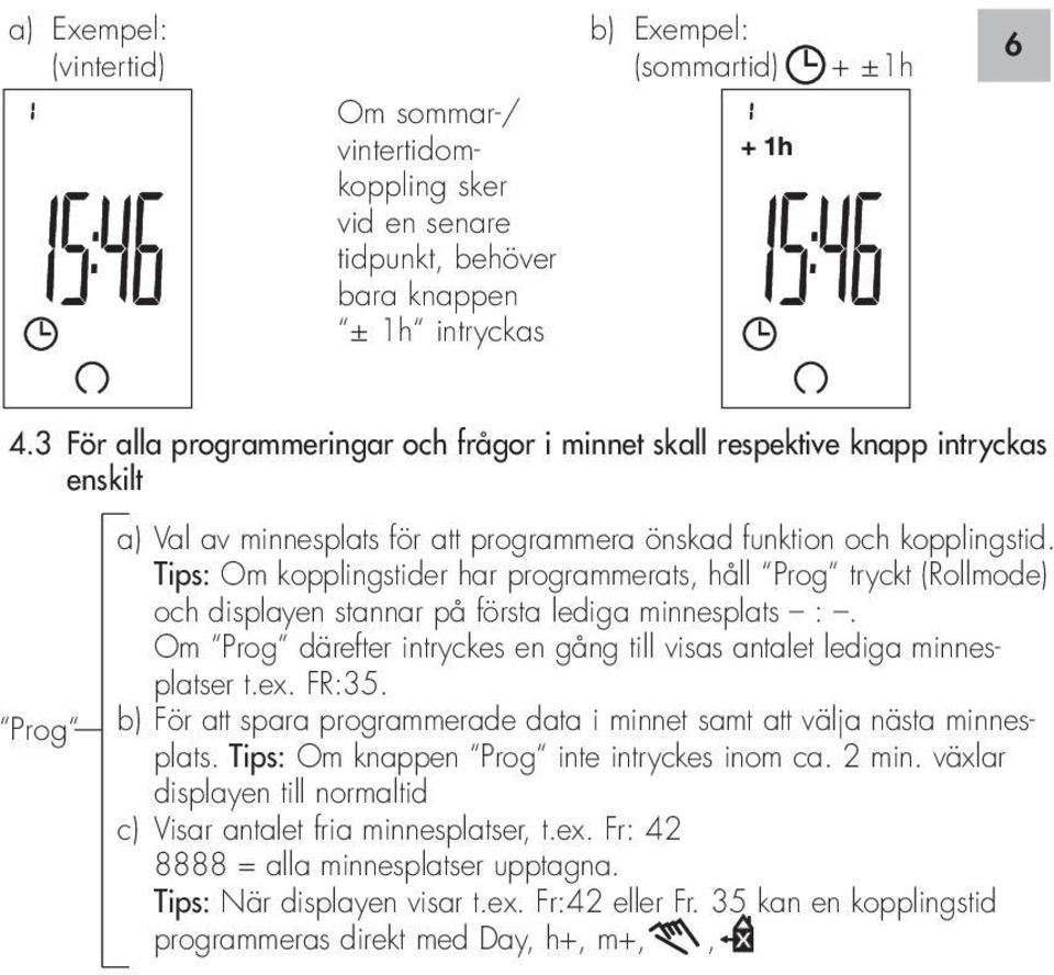 Tips: Om kopplingstider har programmerats, håll Prog tryckt (Rollmode) och displayen stannar på första lediga minnesplats :.