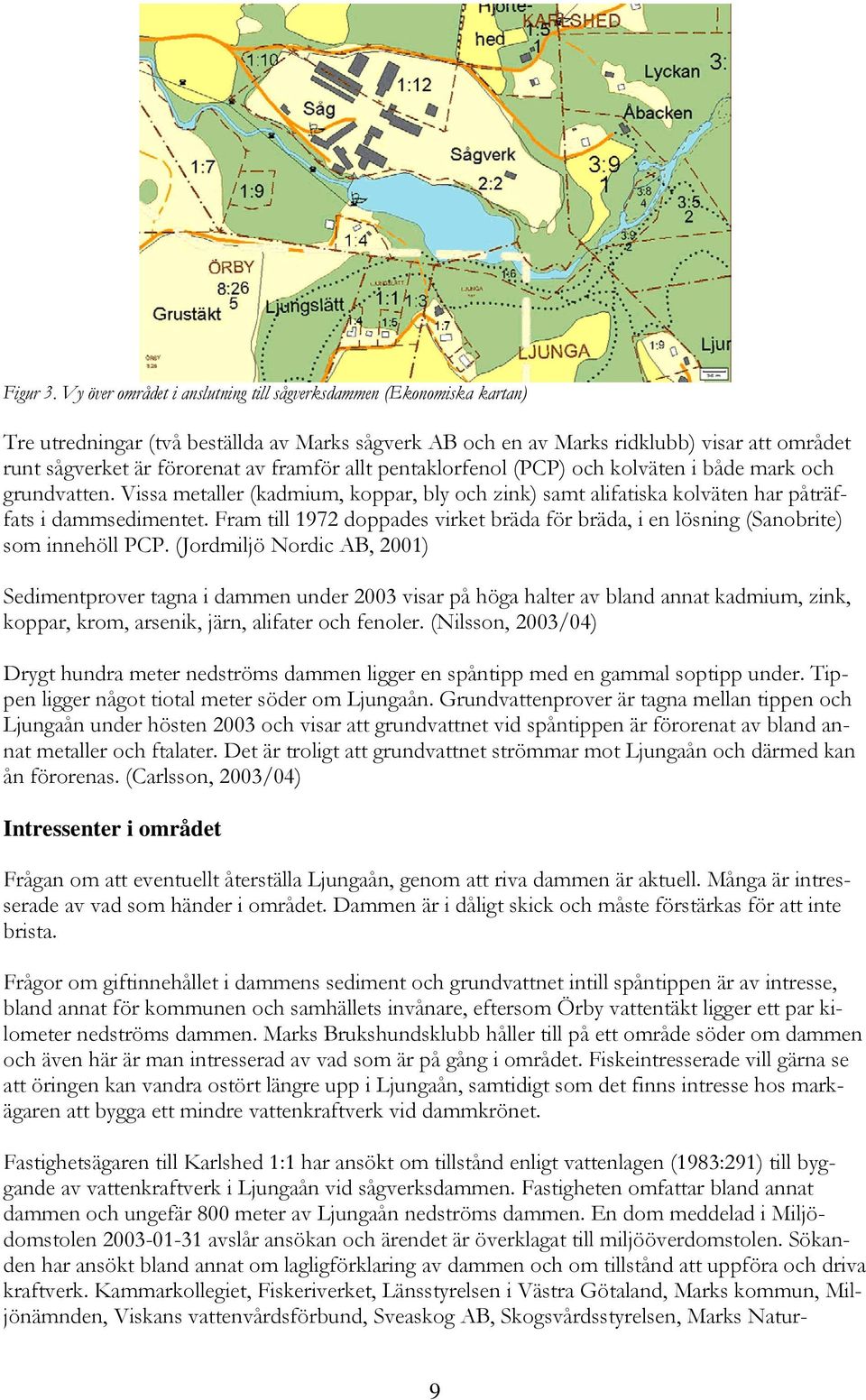 framför allt pentaklorfenol (PCP) och kolväten i både mark och grundvatten. Vissa metaller (kadmium, koppar, bly och zink) samt alifatiska kolväten har påträffats i dammsedimentet.