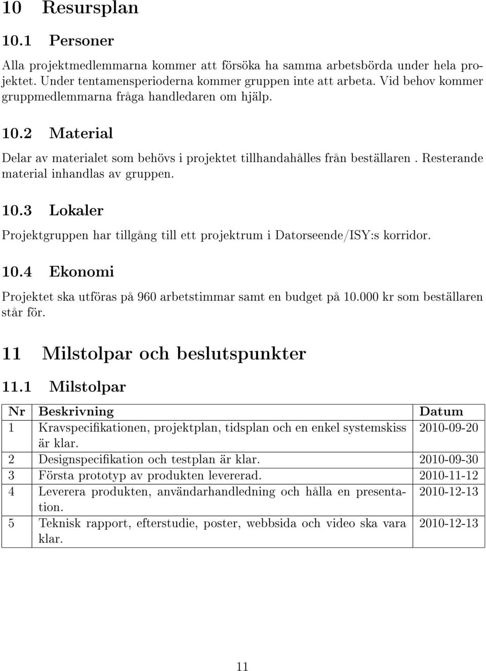 10.4 Ekonomi Projektet ska utföras på 960 arbetstimmar samt en budget på 10.000 kr som beställaren står för. 11 Milstolpar och beslutspunkter 11.