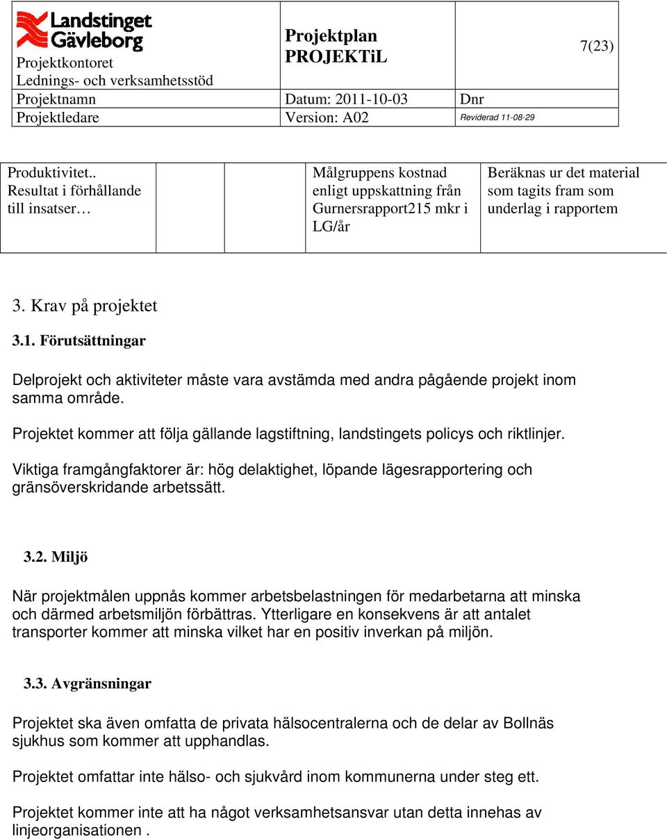 Krav på projektet 3.1. Förutsättningar Delprojekt och aktiviteter måste vara avstämda med andra pågående projekt inom samma område.