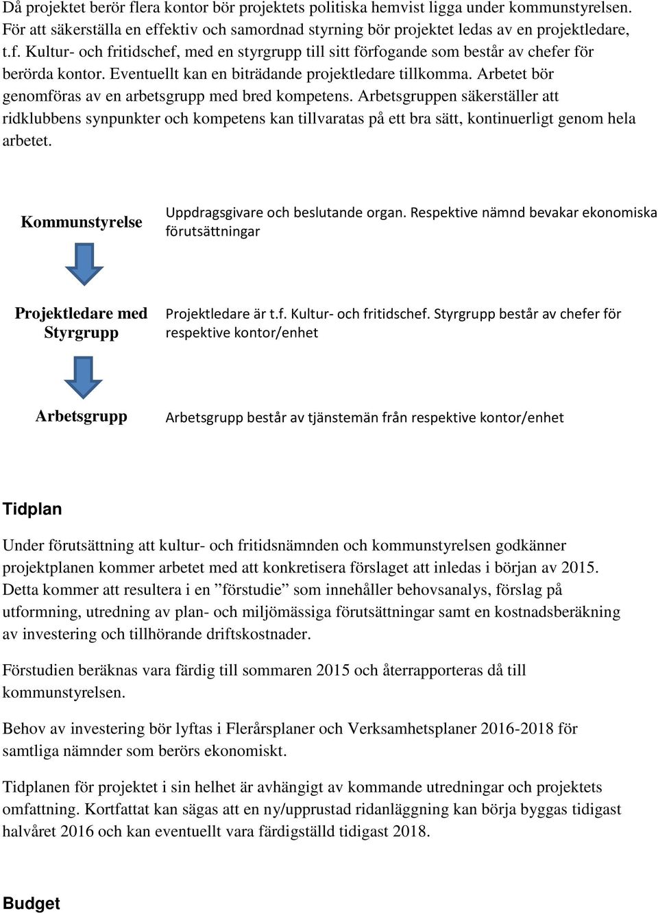 Arbetsgruppen säkerställer att ridklubbens synpunkter och kompetens kan tillvaratas på ett bra sätt, kontinuerligt genom hela arbetet. Kommunstyrelse Uppdragsgivare och beslutande organ.